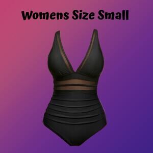 Womens Black Tummy Control V-Neck One Piece Swimsuit Bathing Suit Size Small